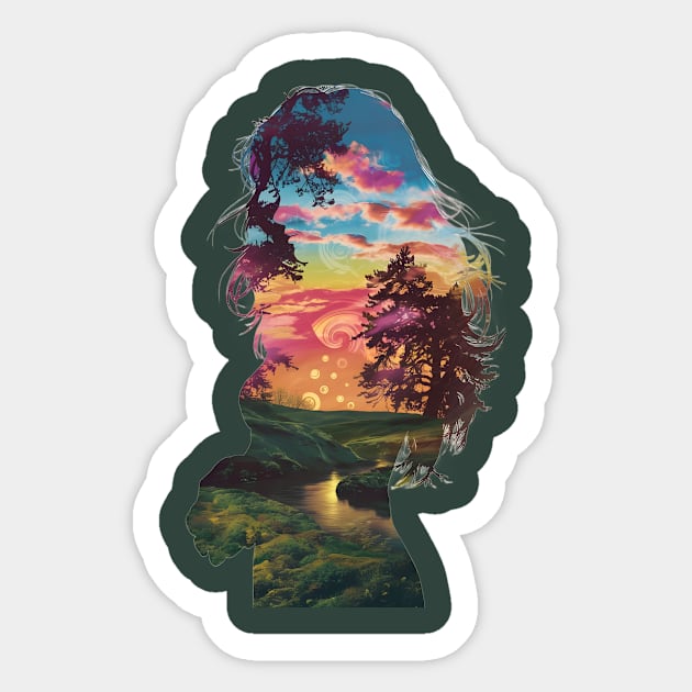 Girl Profile Filled with a Vibrant Nature Scene, Featuring Trees, a Sunset or Sunrise Sky, and a River Flowing Through a Landscape Sticker by animegirlnft